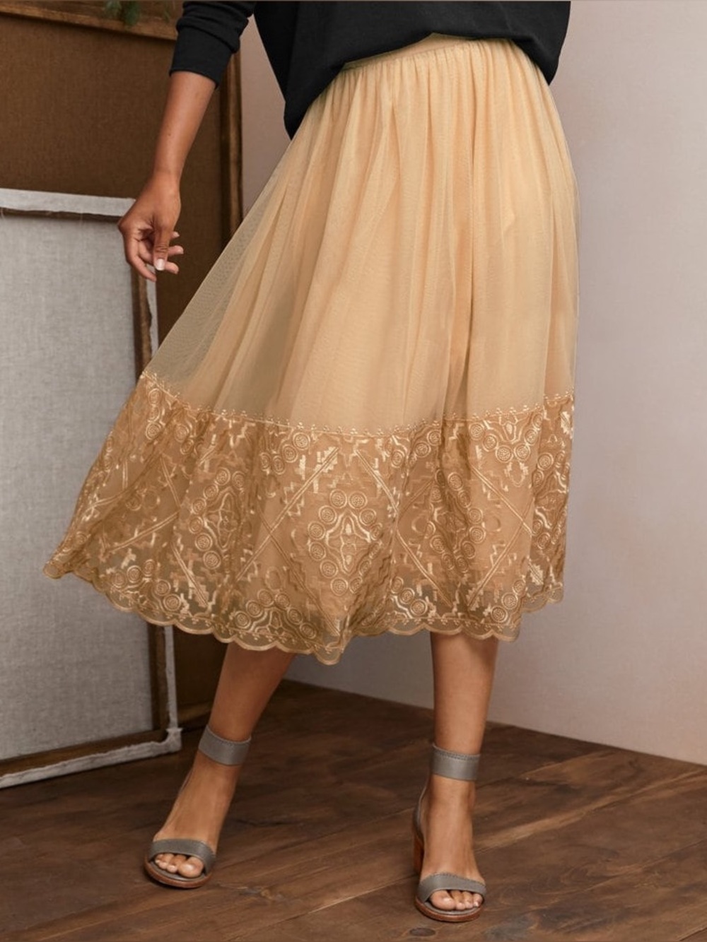 Garnet Hill Prima Tulle Midi Skirt Gold Lace Size XS Bohemian Party Holiday